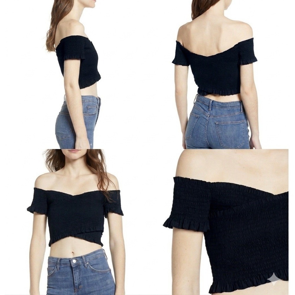 ASTR the Label Smocked Off The Shoulder Wrap Crop‎ Top Black Size Small AT13978